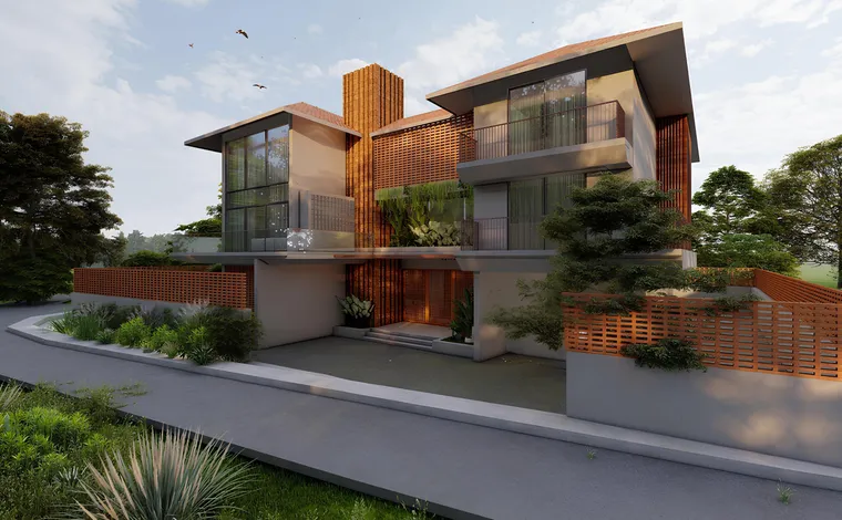 Contemporary residence with wood accents and landscaped grounds