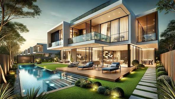 Contemporary luxury home with a pool and illuminated outdoor living area