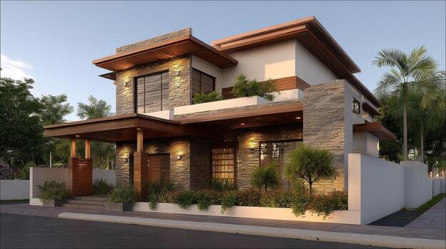 Stone and timber home with a landscaped front garden