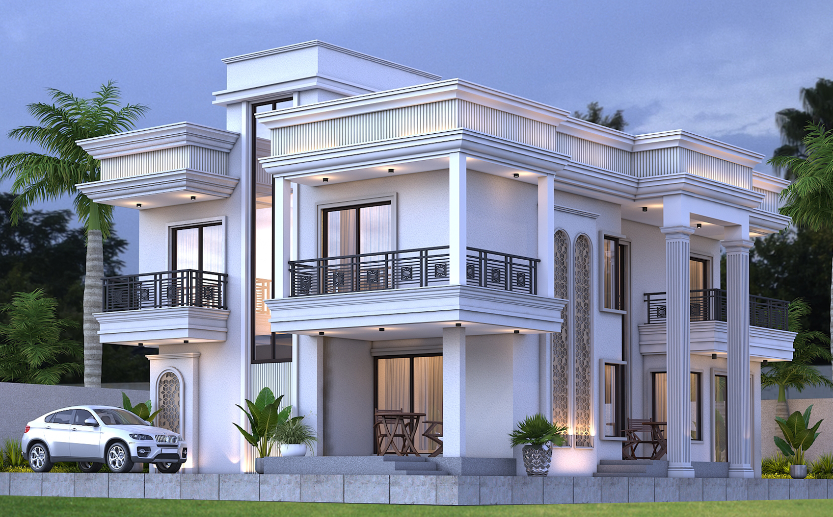 Elegant white residence with generous balconies and detailed architectural features in Kalwar Road