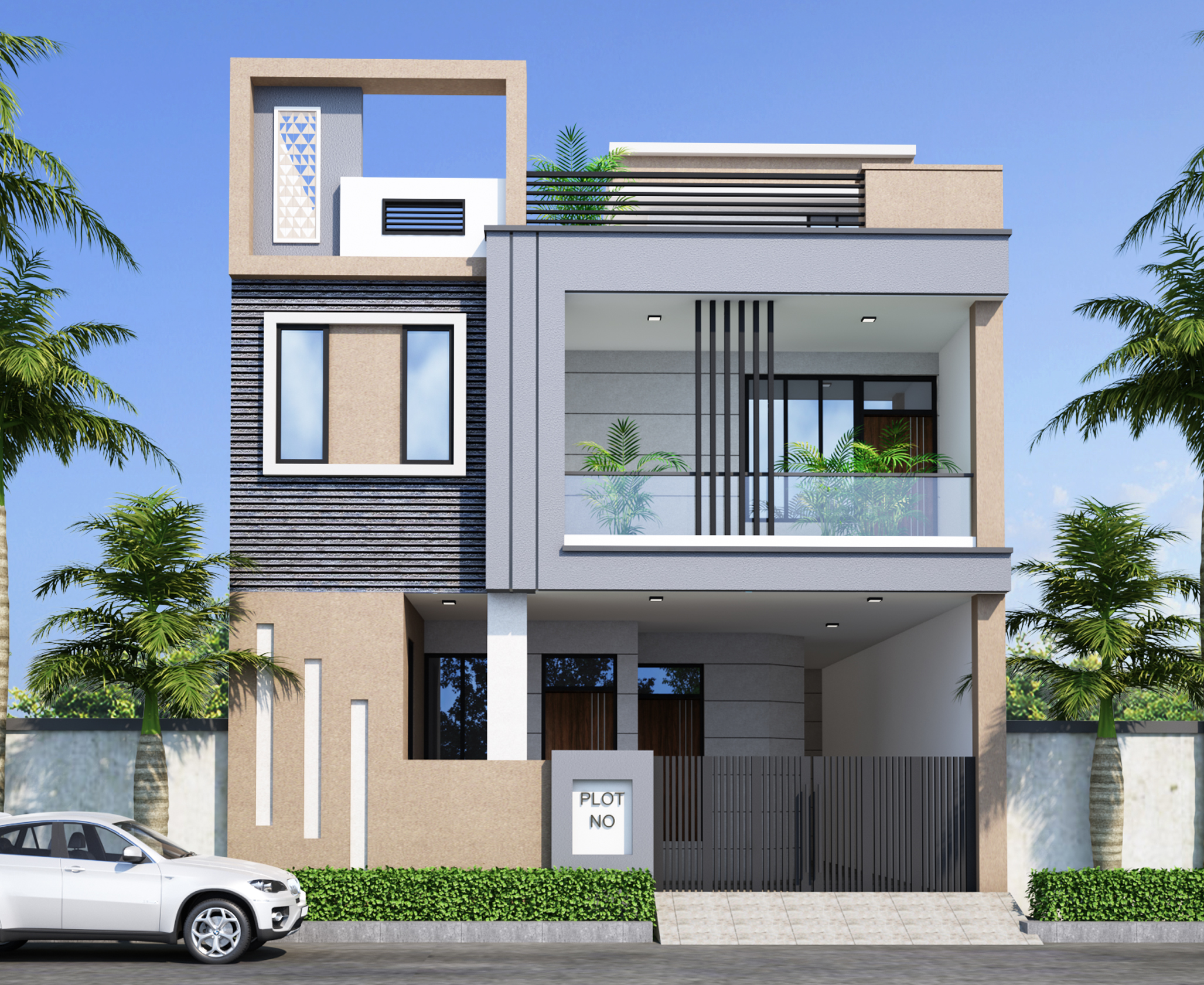 Modern Murlipura residence featuring a geometric facade, balcony, and welcoming entrance